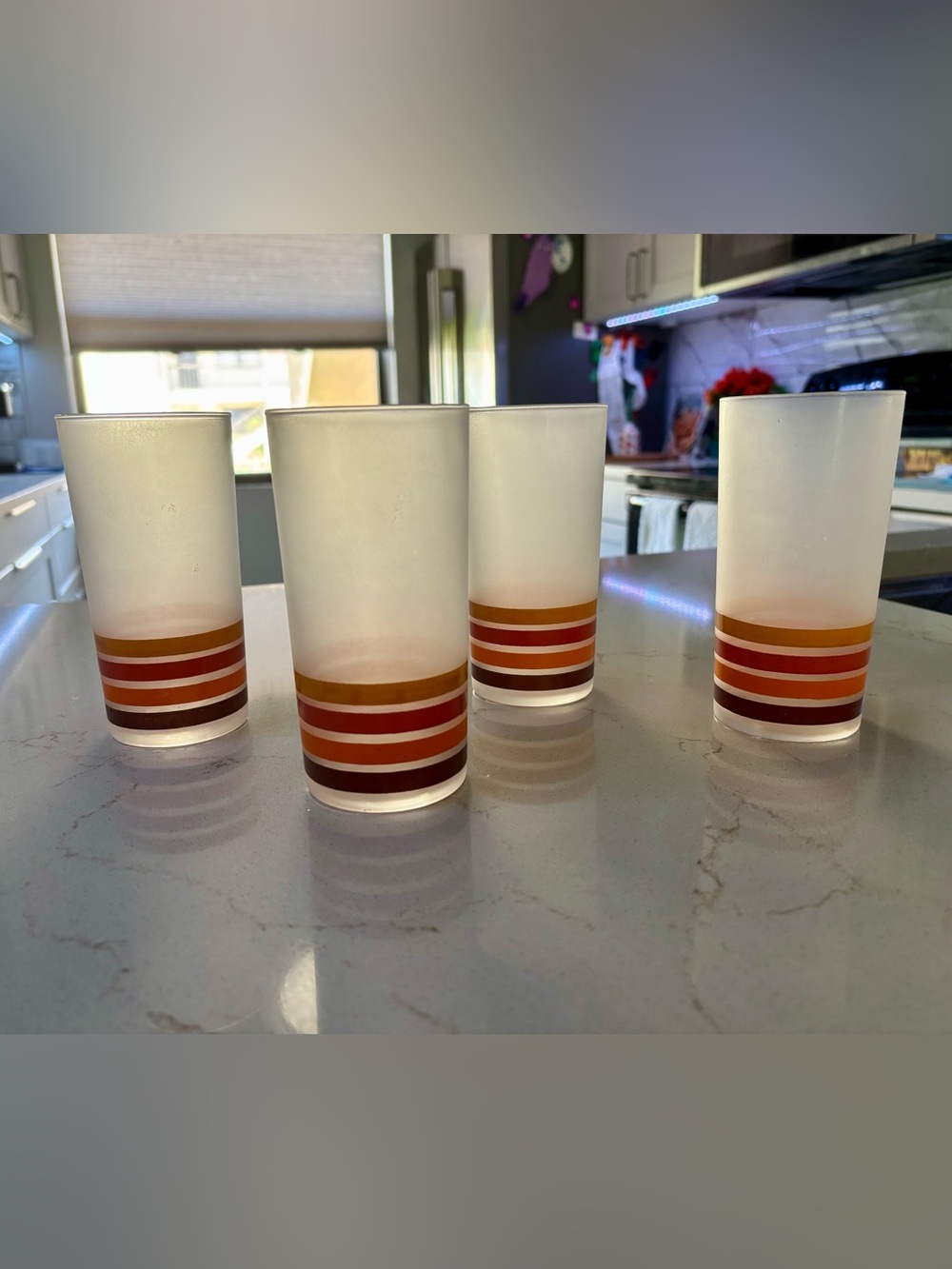 Vintage Libbey Frosted Autumn Leaf Striped Tumblers – Set of 4 (MCM / Jewel Tea)